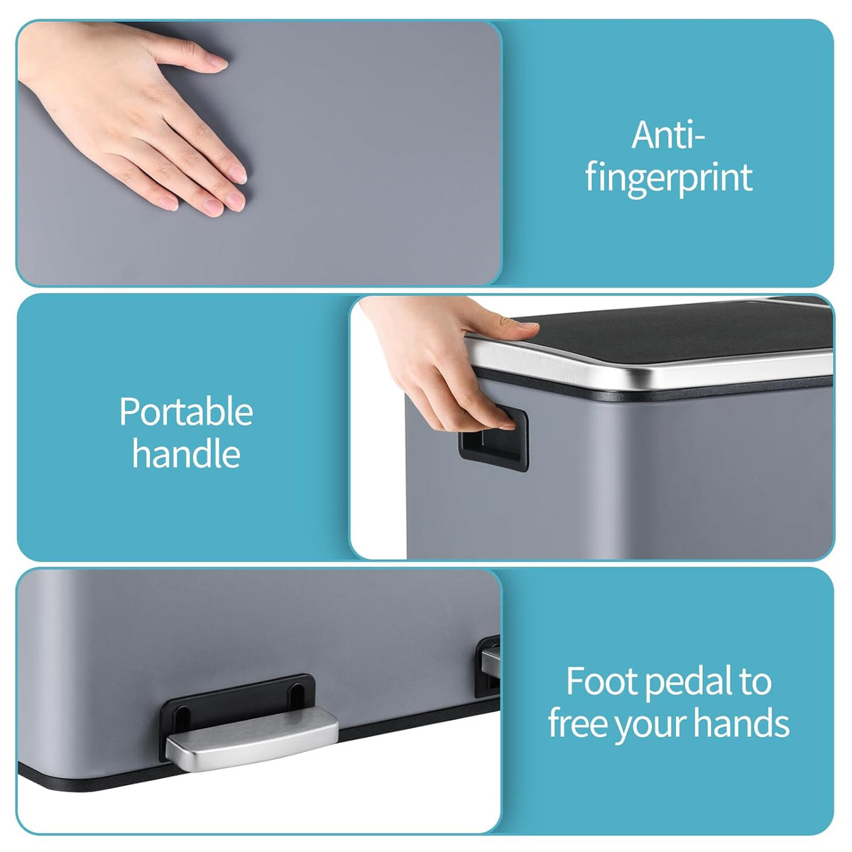16 Gallon Rectangular Stainless Steel Trash Can, Dual Compartment Garbage Bin with Recycling Combo