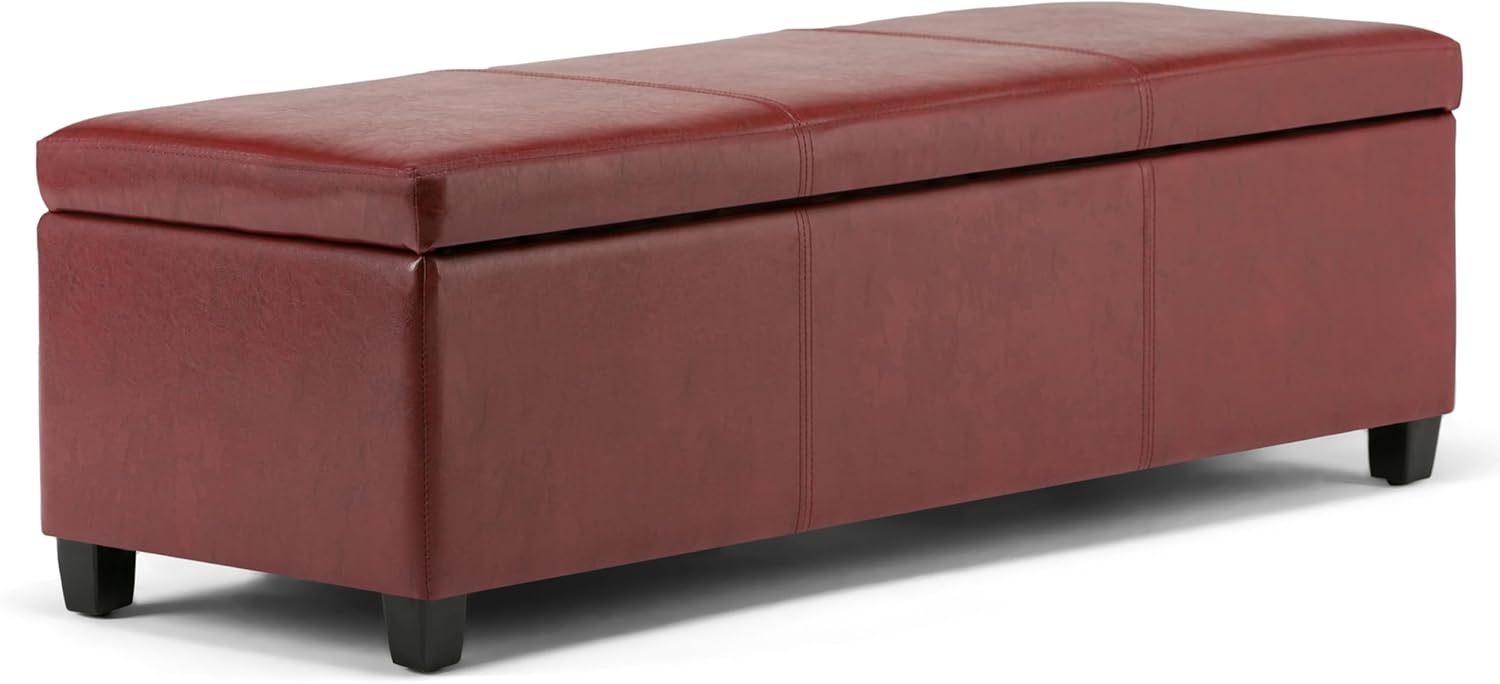 SIMPLIHOME Avalon 48 inch Wide Contemporary Rectangle Storage Ottoman Bench in Red Vegan Faux