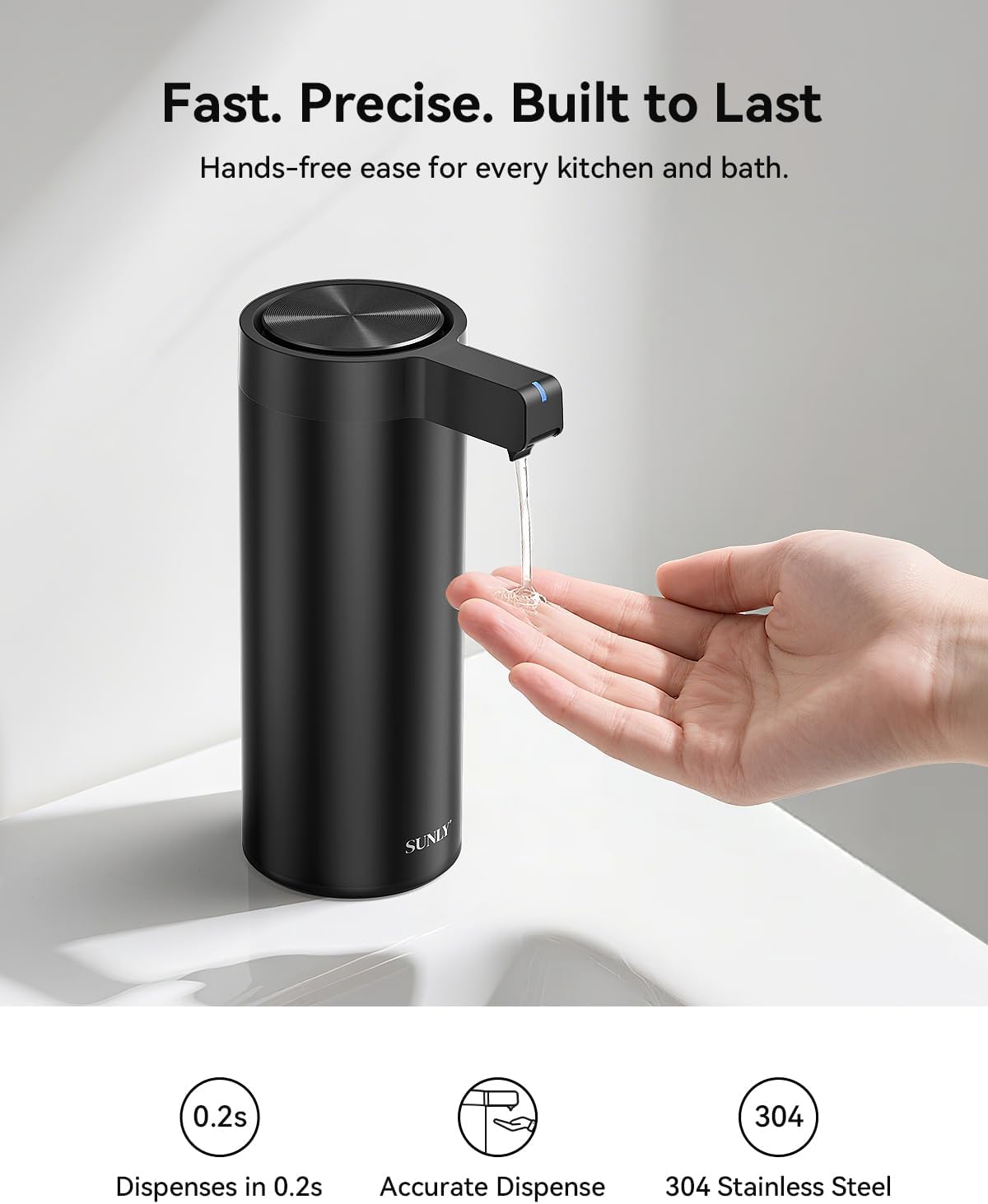 SUNLY Touchless Automatic Soap Dispenser – Clog-Free Pump, 0.2s Fast Sensor, USB-C Rechargeable