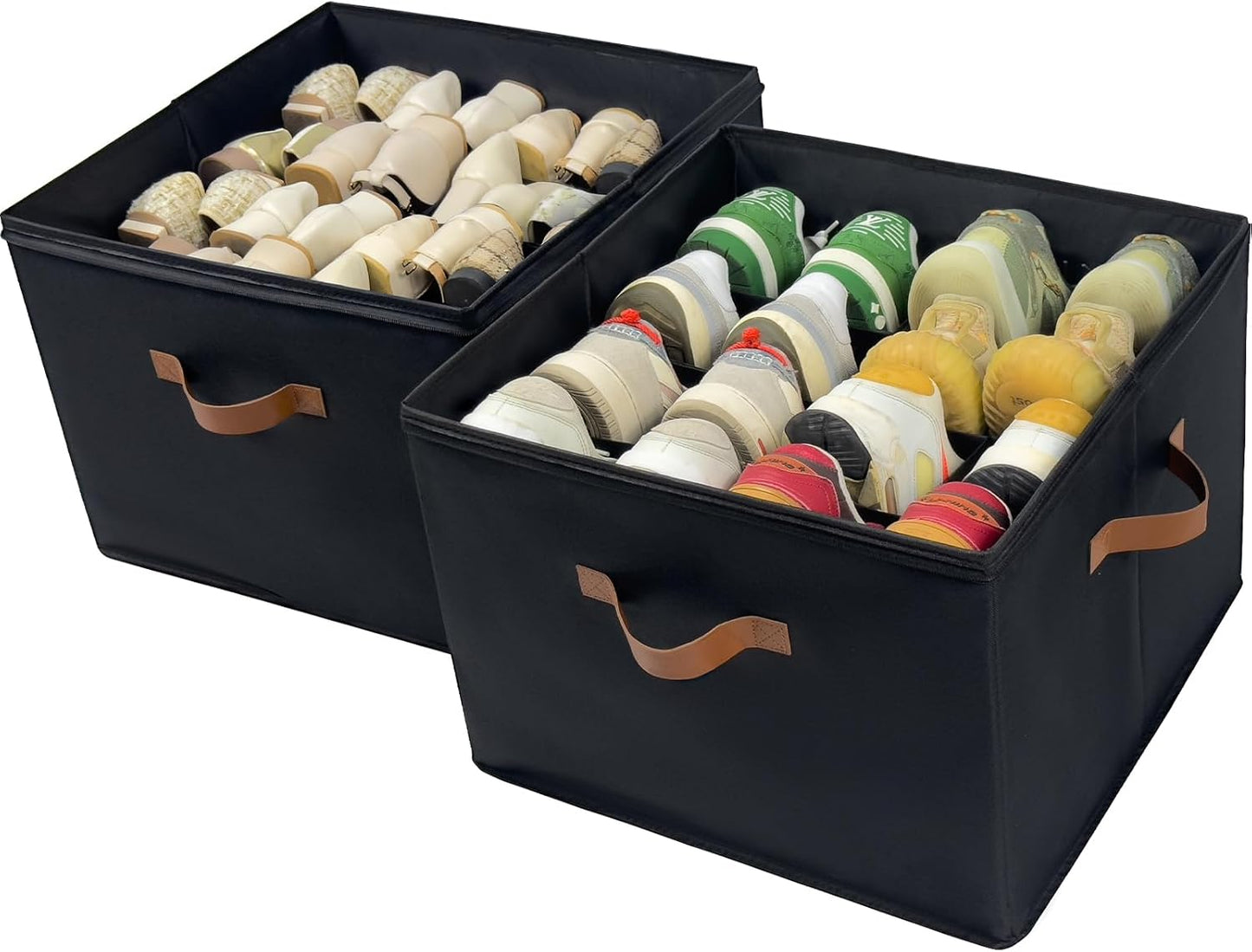 Shoe Organizer Box 2 Pack, Shoe Storage Organizer with Clear Cover, Adjustable Dividers Fits 16-32