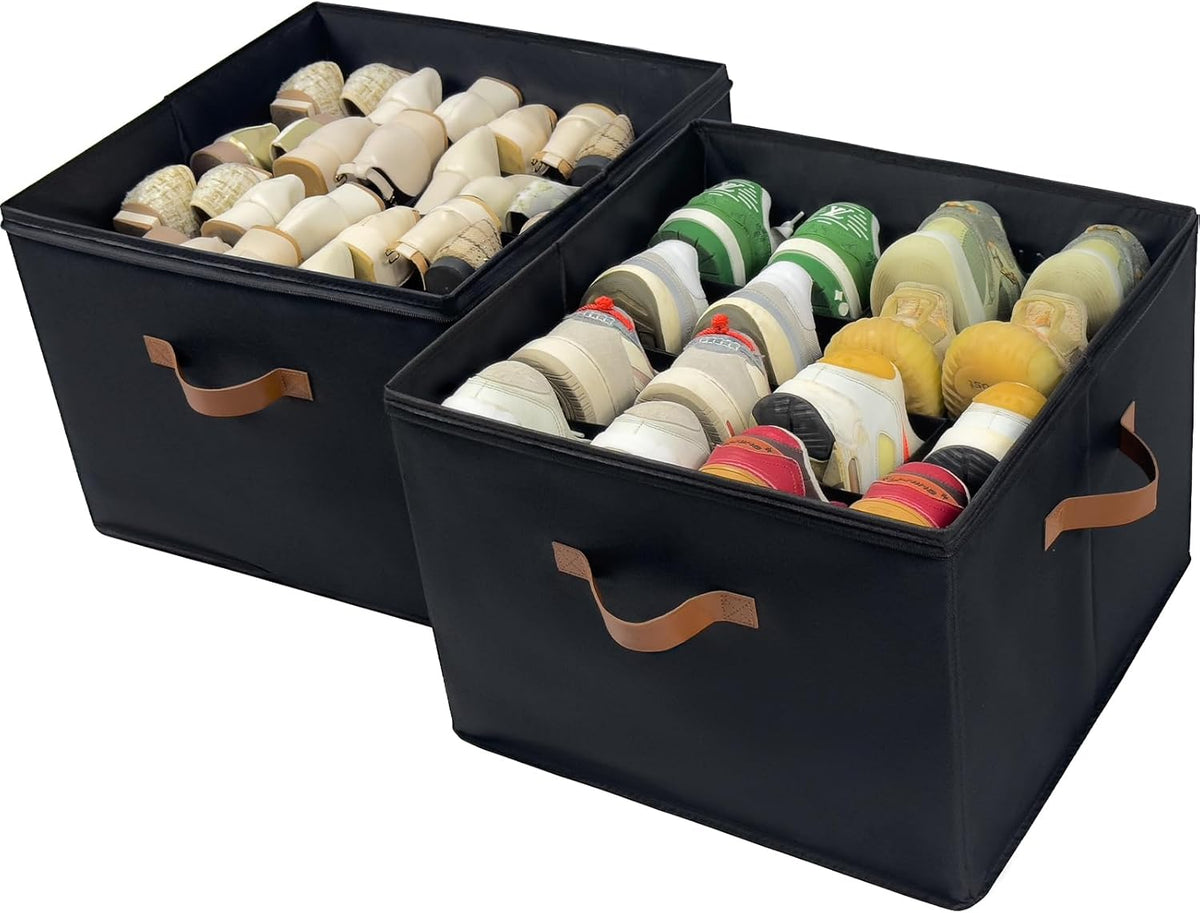 Shoe Organizer Box 2 Pack, Shoe Storage Organizer with Clear Cover, Adjustable Dividers Fits 16-32