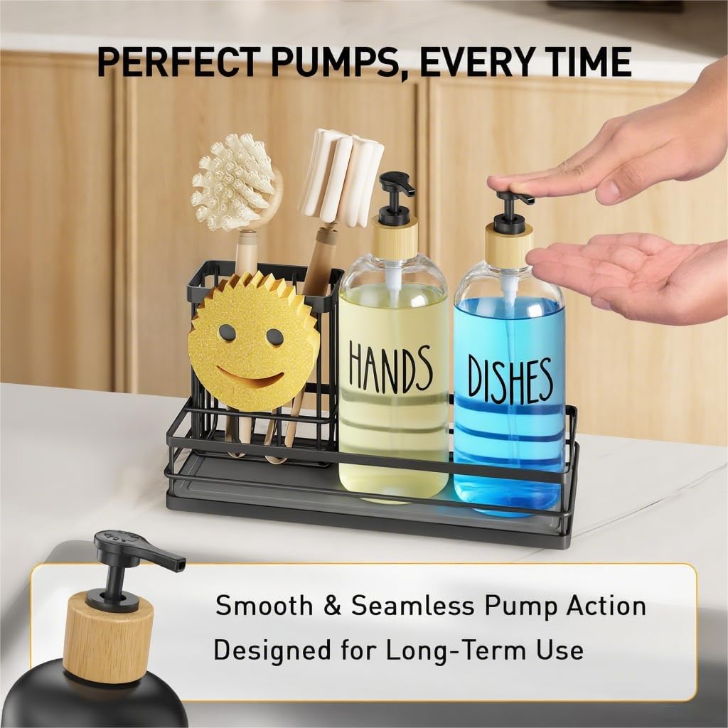 Moforoco Kitchen Dish Soap Dispenser Set, 16OZ Glass Bottle, Hand and Dish Soap Dispenser Set