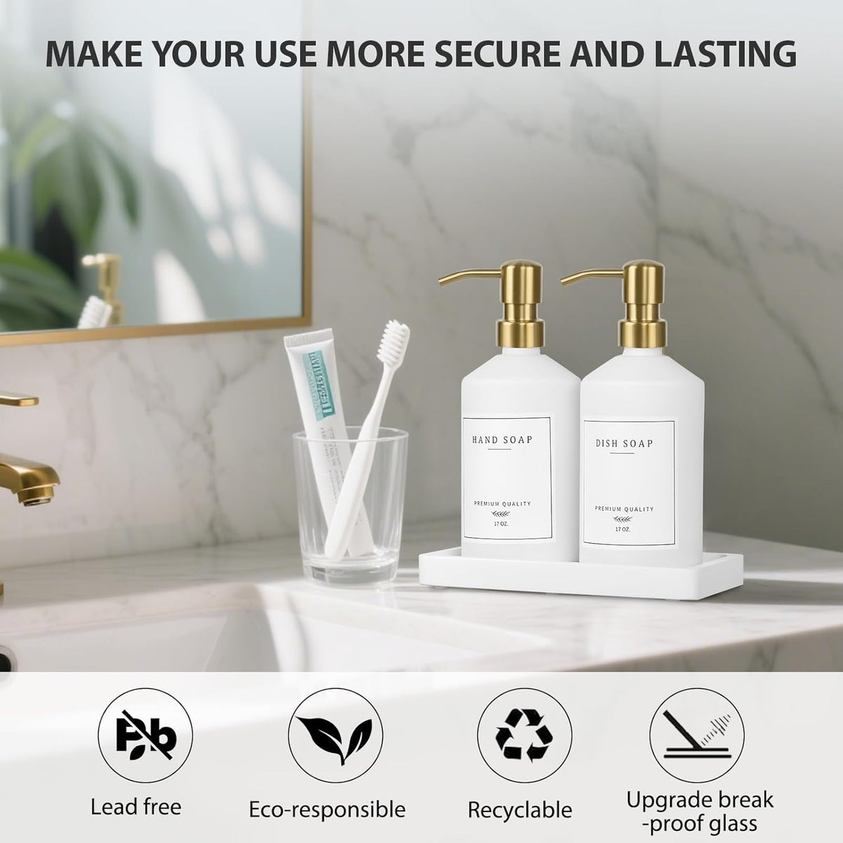 Gold Soap Dispenser Set, Glass Hand and Dish Soap Dispenser Set with Tray,Stainless Pump,14