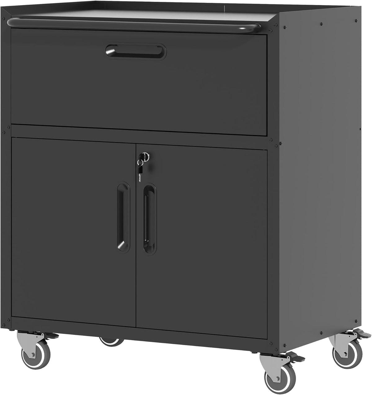 Metal Storage Cabinet with Wheels, Lockable Garage Cabinet with 2 Doors and 1 Drawer, Rolling Tool