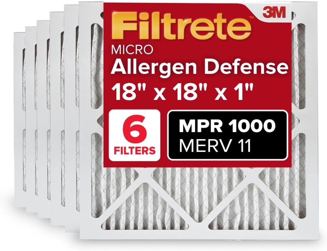 Filtrete 18x18x1 AC Furnace Air Filter, MERV 11, MPR 1000, Micro Allergen Defense, 3-Month Pleated