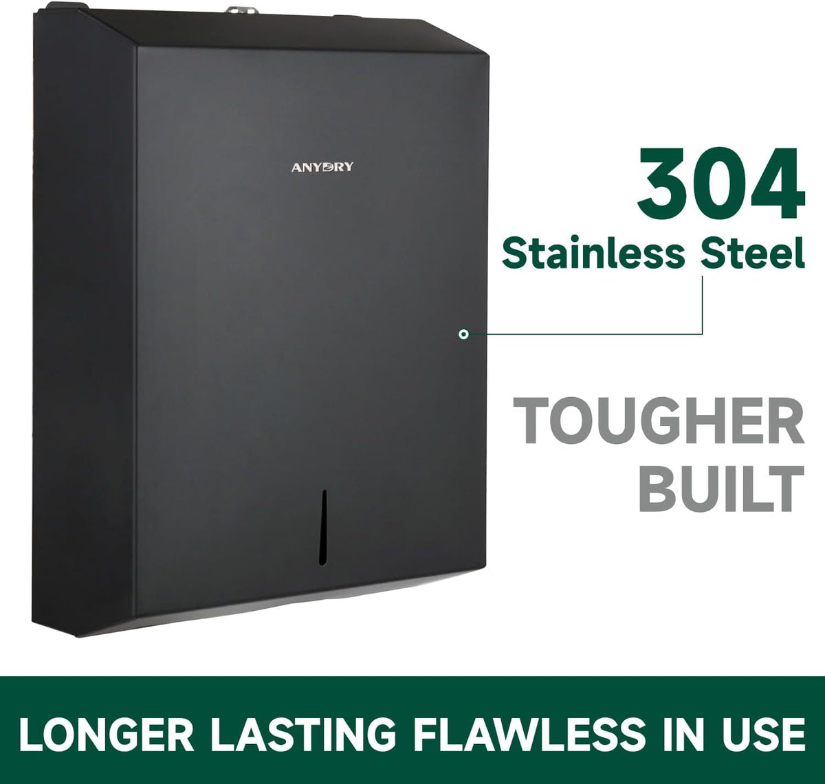 Commercial Paper Towel Dispenser Wall Mount 400-Sheet Capacity Matte Black Stainless Steel Lockable