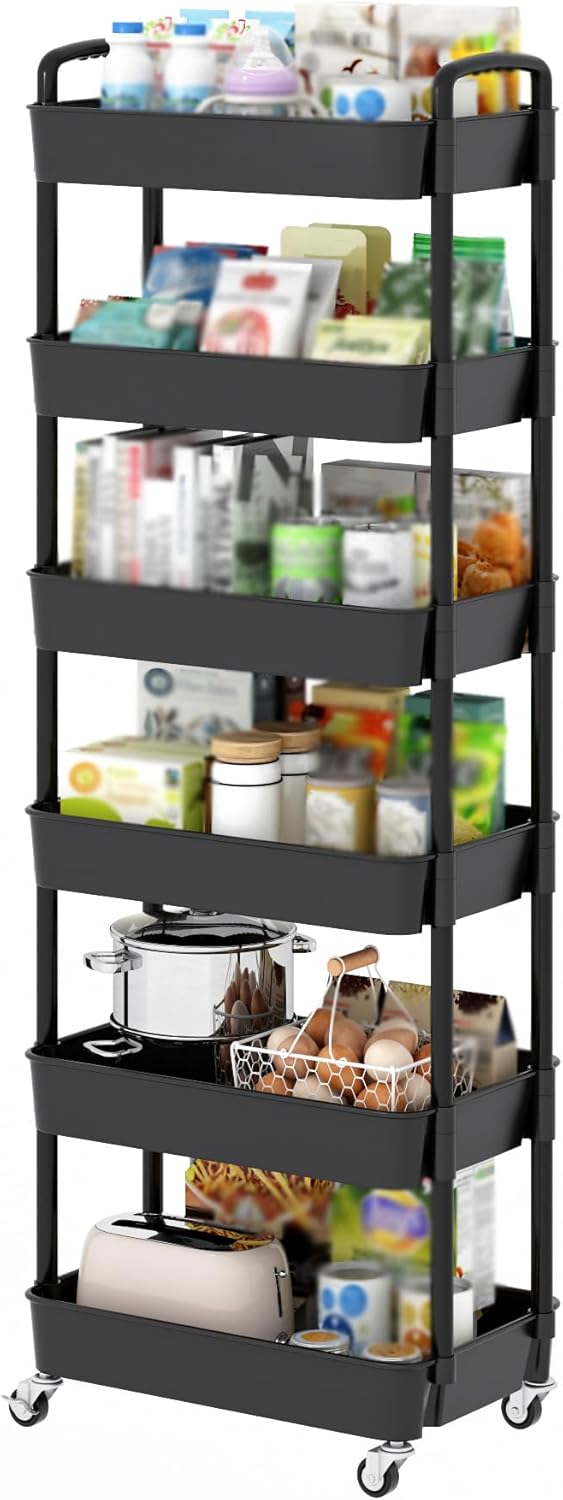 Sywhitta 6-Tier Plastic Rolling Utility Cart with Handle, Multi-Functional Storage Trolley for