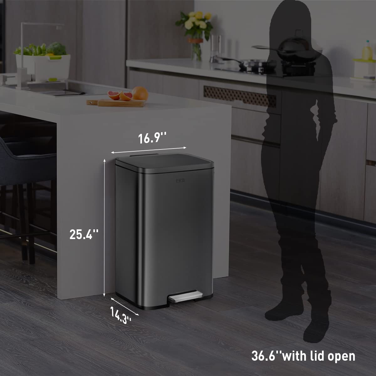 EKO Madison Matte Black 50 Liter/13.2 Gallon Step Trash Can with Inner Liner - Fingerprint