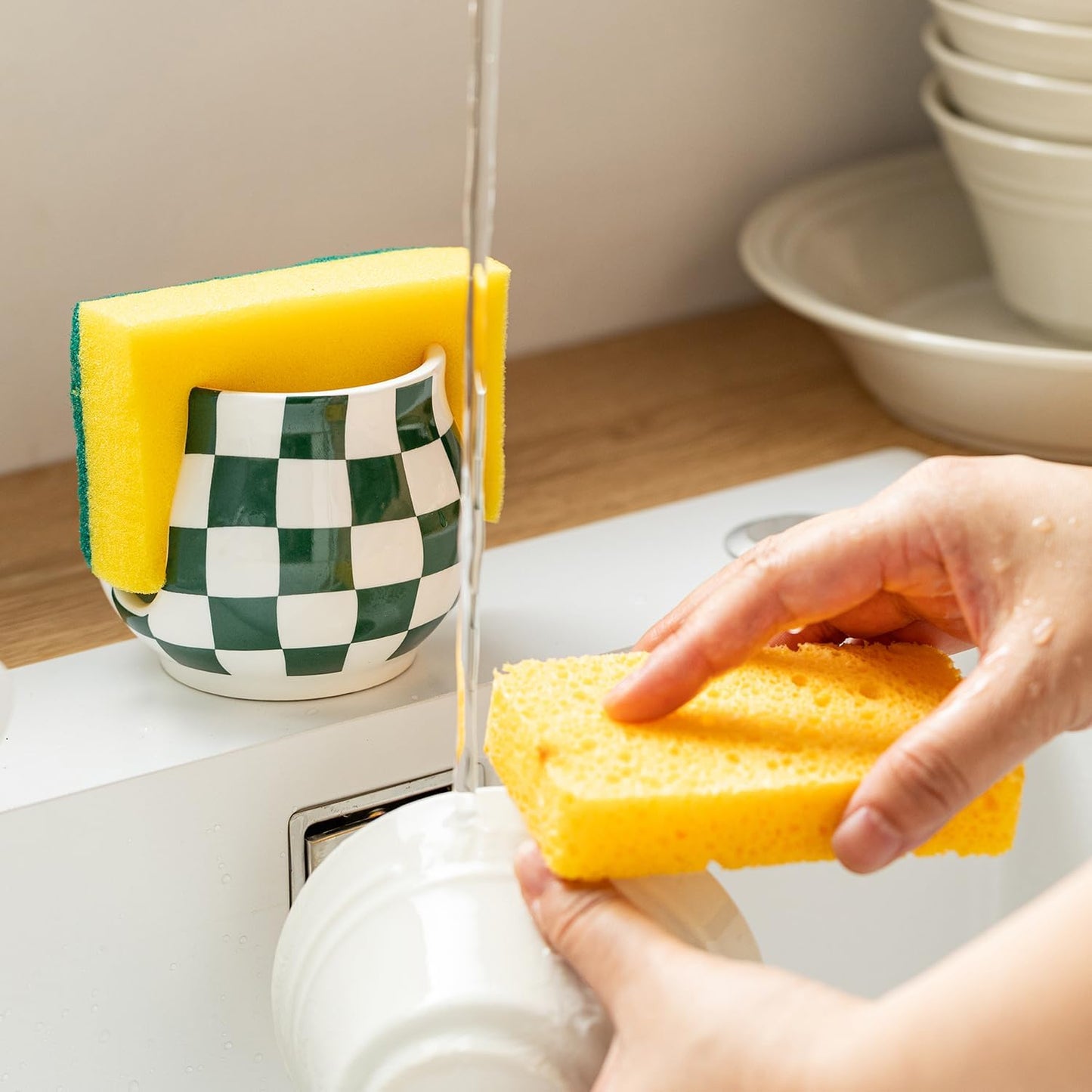 Kitchen Sponge Holder, Ceramic Sponge Organizer Checkered Scrubby Holder Sink Caddy Scrub Dish Rack