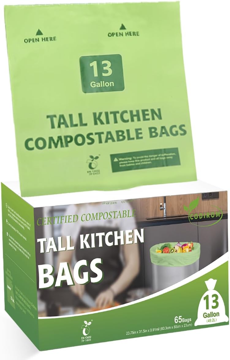 100% Compostable Trash Bags, 13 Gallon, 49.2 Liter, 0.91 Mils, 65 Count Kitchen Tall Food Scrap