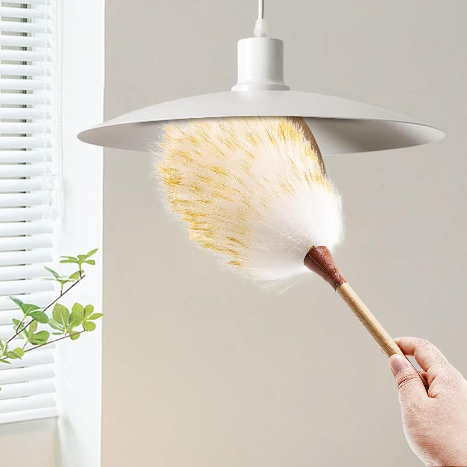 Natural Lambswool Duster 16 Inch Handheld with Wooden Handle Duster Dusting Tool for Blinds
