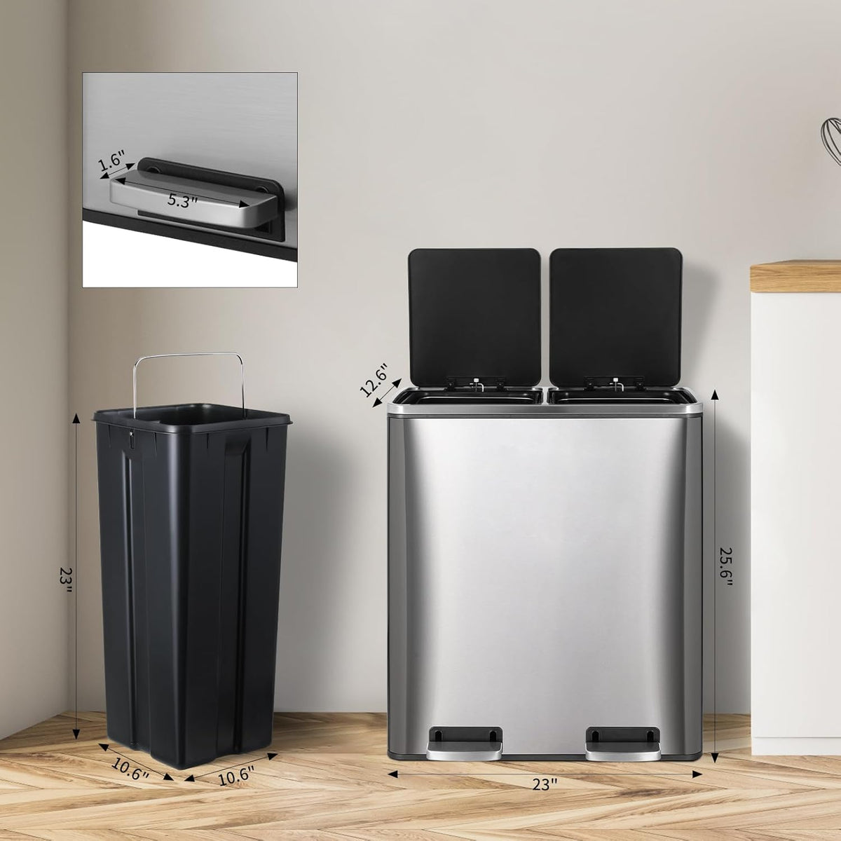 16 Gallon Rectangular Stainless Steel Trash Can, Dual Compartment Garbage Bin with Recycling Combo