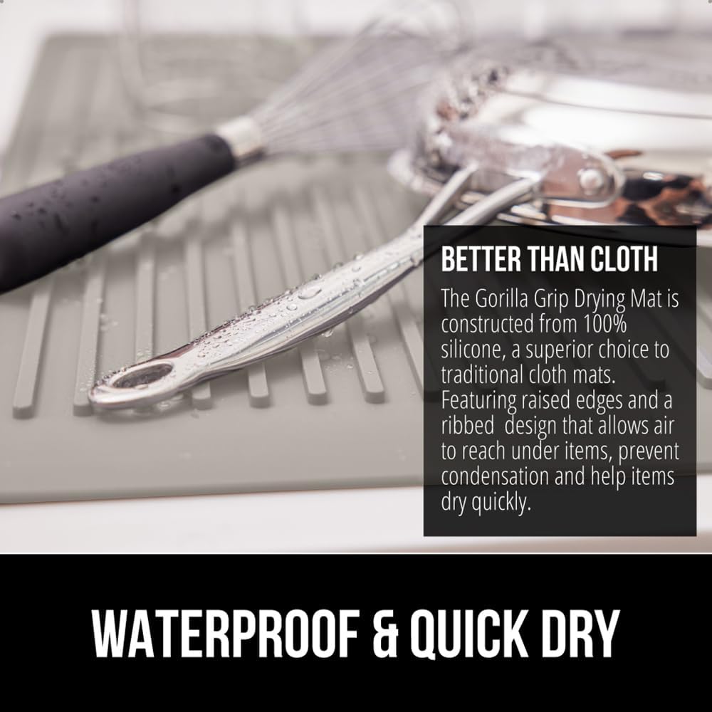 GORILLA GRIP 100% BPA-Free Patented Silicone Dish Drying Mat for Kitchen Counter, Water Catching