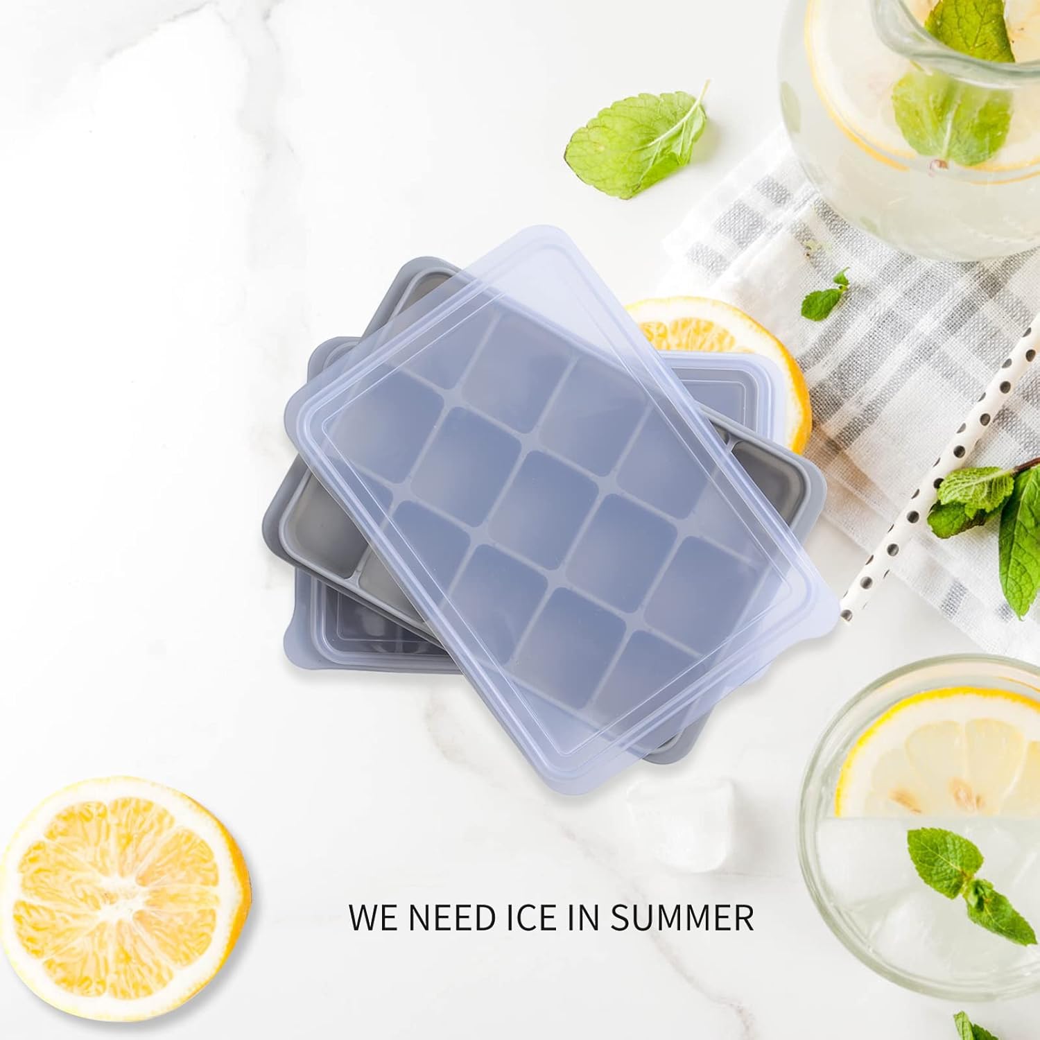Ice Cube Trays Set of 2, Easy Release 15 Flexible Silicone Ice Cube Molds with Removable Lid