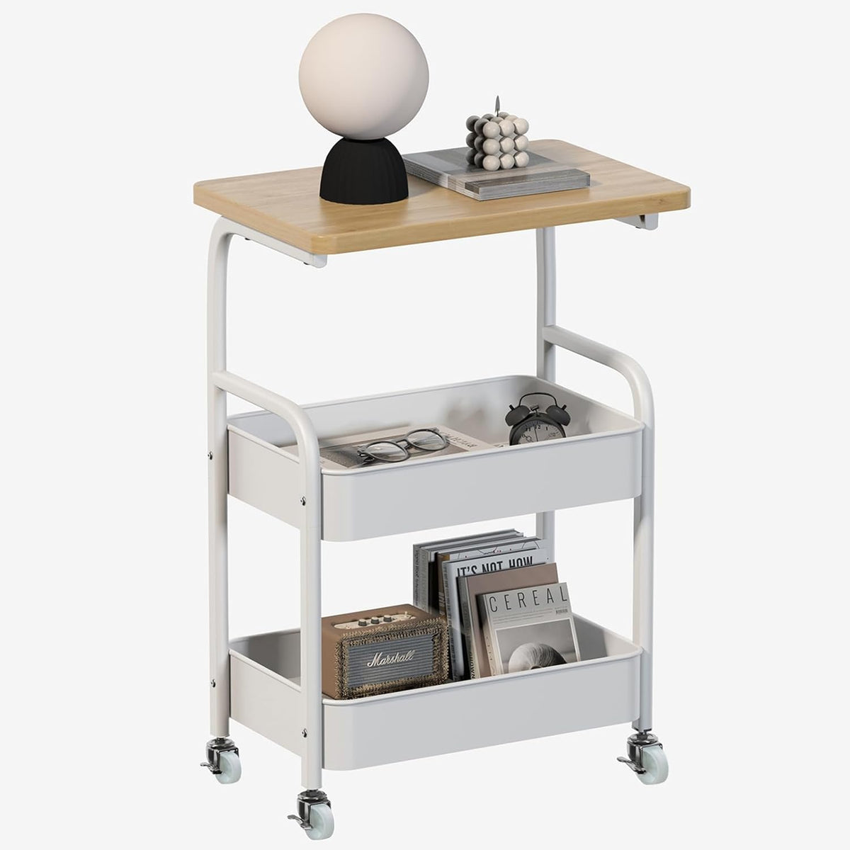 Rolling Cart with Wooden Tabletop 3-Tier Metal Utility Rolling Cart Storage Organizer with Lockable