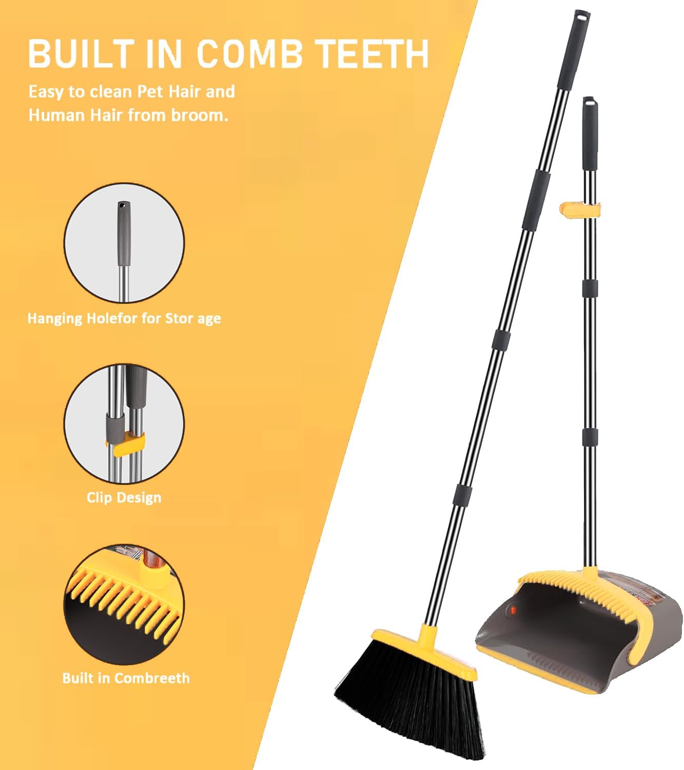 2-Pack is More economical，Upgraded Broom and Dustpan， with 52" Long Handle, Dustpan Teeth with