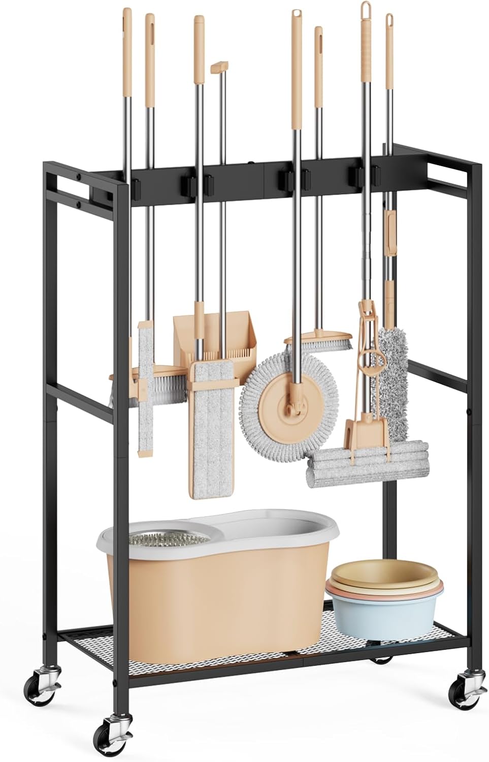 BORISI Broom And Mop Holder, Movable Broom Closet Storage Cabinet, Cleaning Cart with Mop Hanger
