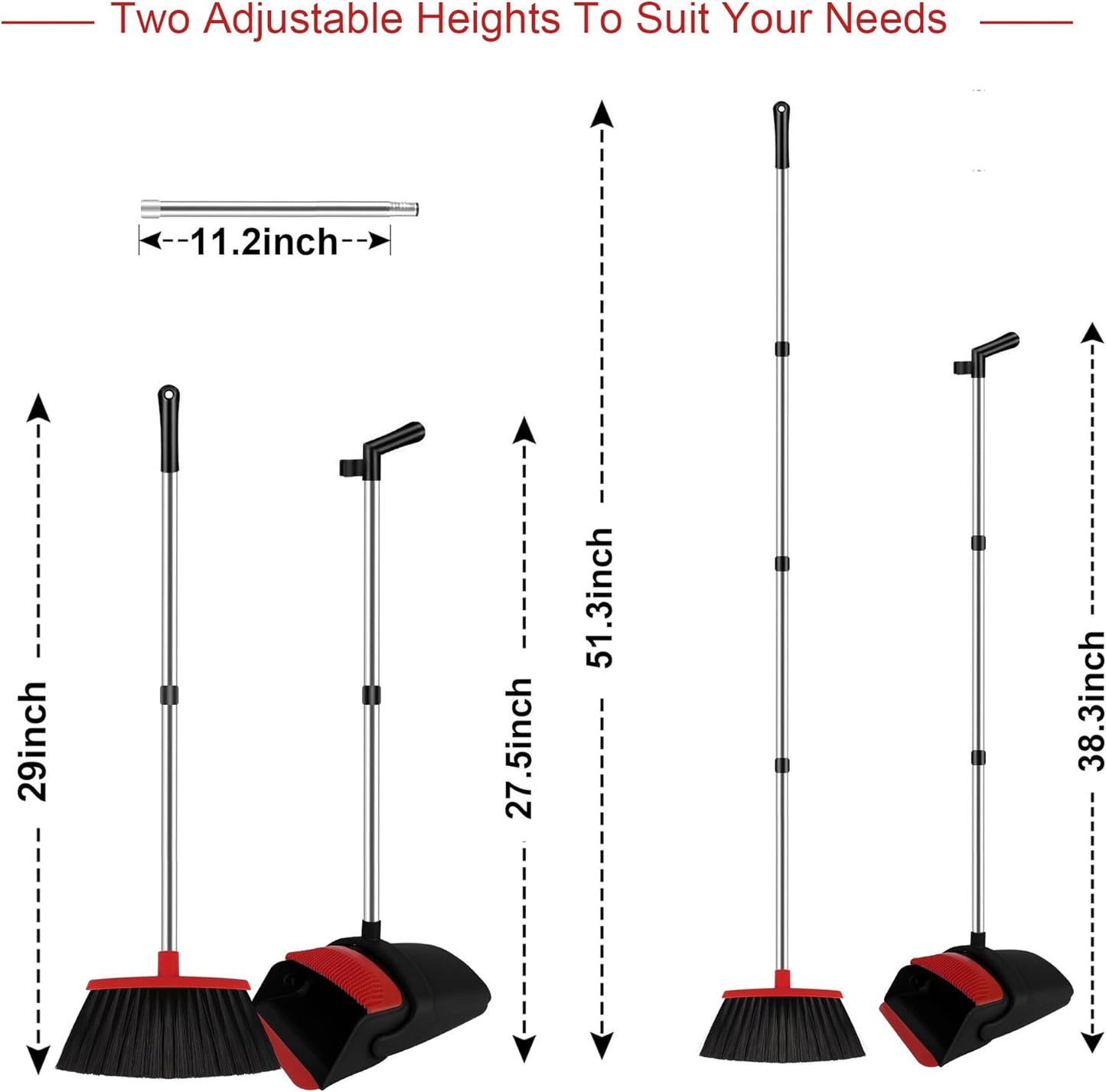 Broom and Dustpan Set for Household, Red Broom with Dustpan Combo Set, 51" Long Handle Dust pan Set