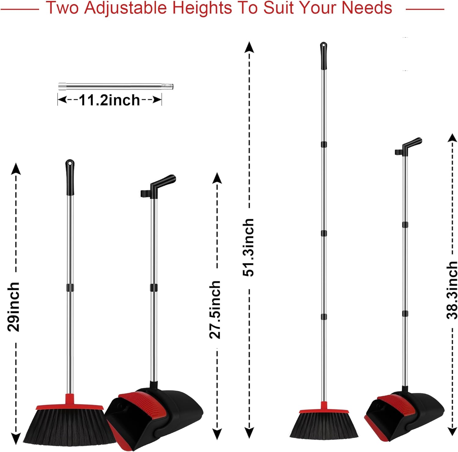 Broom and Dustpan Set for Household, Red Broom with Dustpan Combo Set, 51" Long Handle Dust pan Set