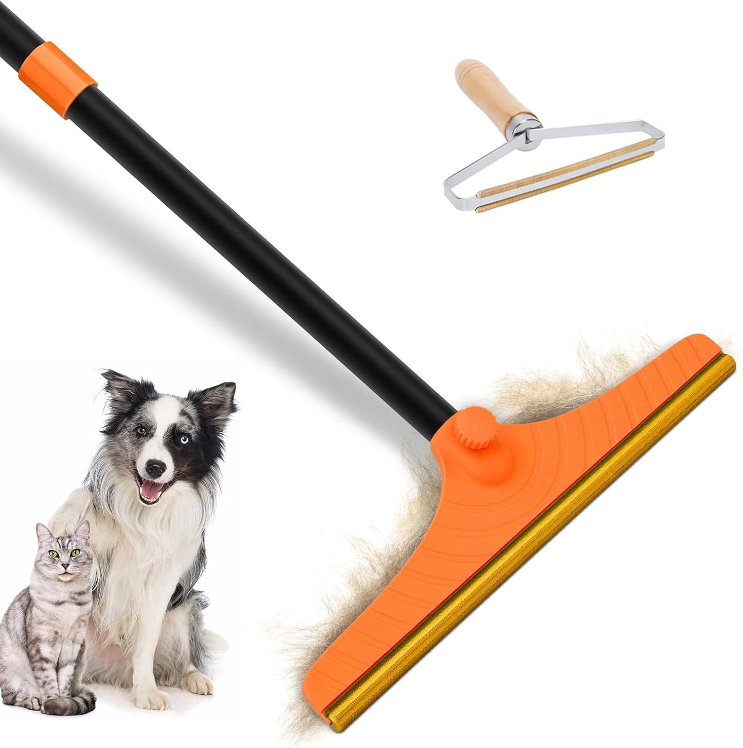 Carpet Rake for Pet Hair Removal - Reusable Pet Hair Remover, 60” Adjustable Long Handle Cat Dog