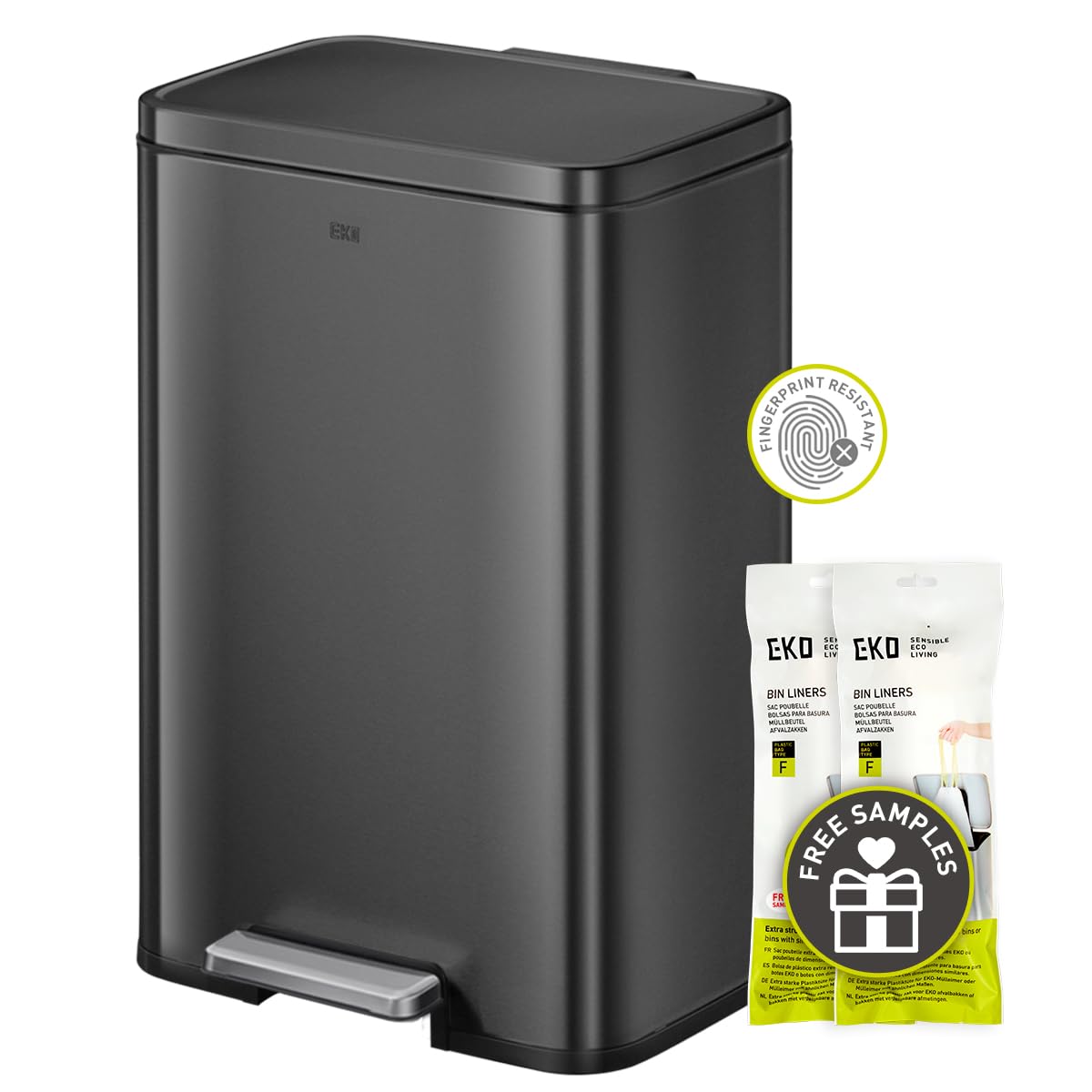 EKO Madison Matte Black 50 Liter/13.2 Gallon Step Trash Can with Inner Liner - Fingerprint