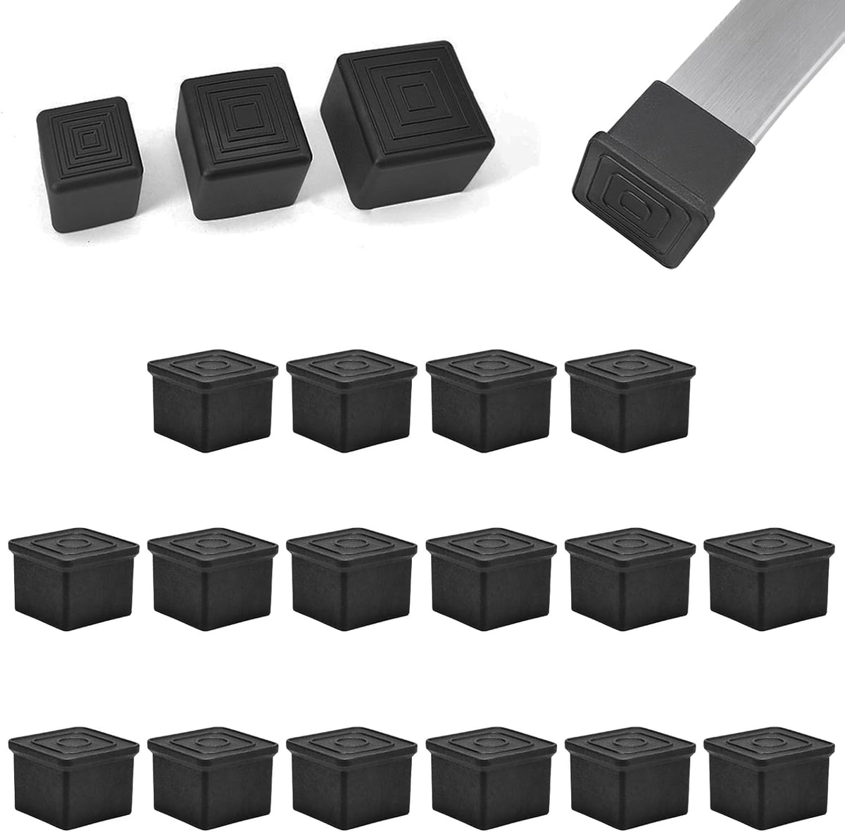 16 Pcs 3/4" x 3/4" Square Rubber Chair Leg Caps, PVC Table Leg Covers, Flexible & Anti-Slip