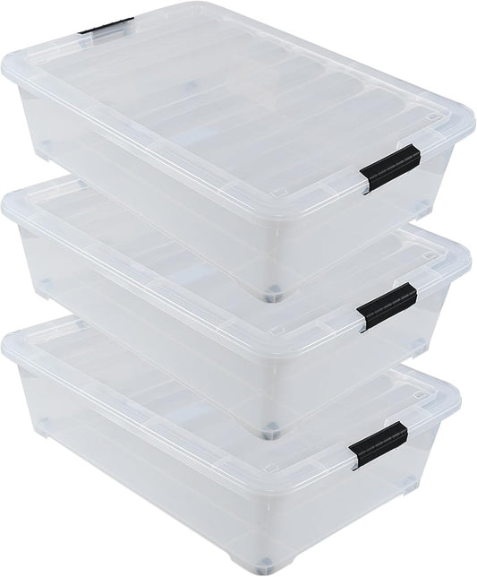 50 Quart Clear Plastic Under Bed Storage Bin with Lid, Underbed Storage Container with Wheels
