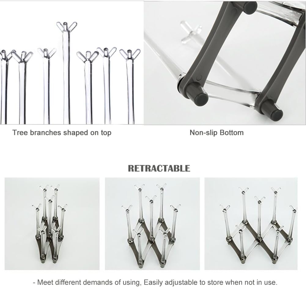 Marbrasse Retractable Cup Drying Rack, Drinking Glass and Sports Bottle Drainer Stand, Plastic Bag