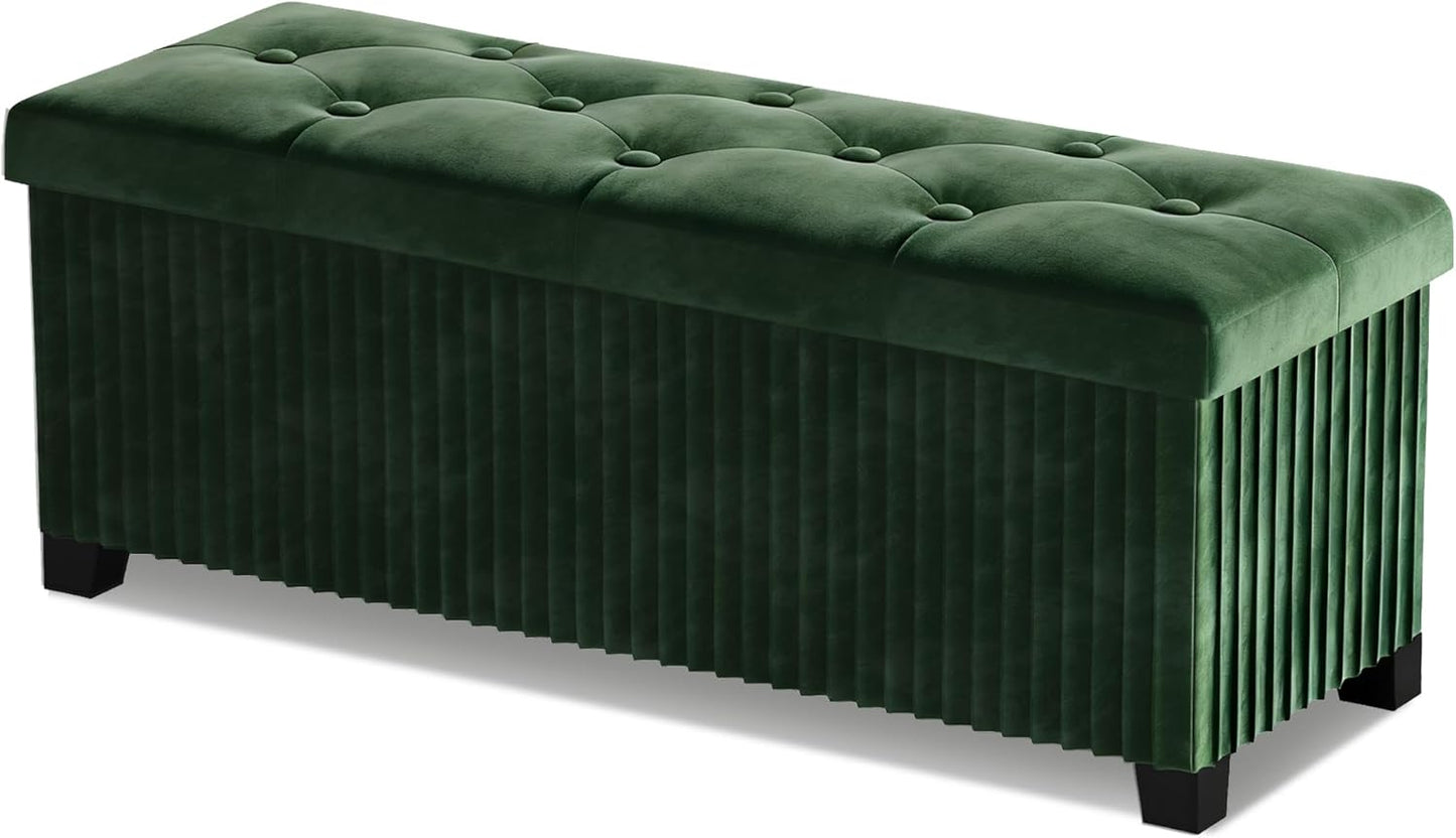 Storage Ottoman Bench, 43 Inch Foldable Ottoman with Legs, Velvet Foot Rest Stool, End of Bed