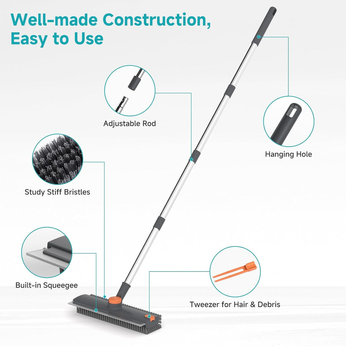 Floor Scrub Brush with Long Handle Length Adjustable, 3 in 1 Heavy-Duty Stiff 90° Bristle Floor