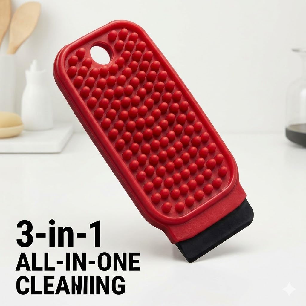 Red 3-in-1 silicone dish scrubber with scraper – view 5
