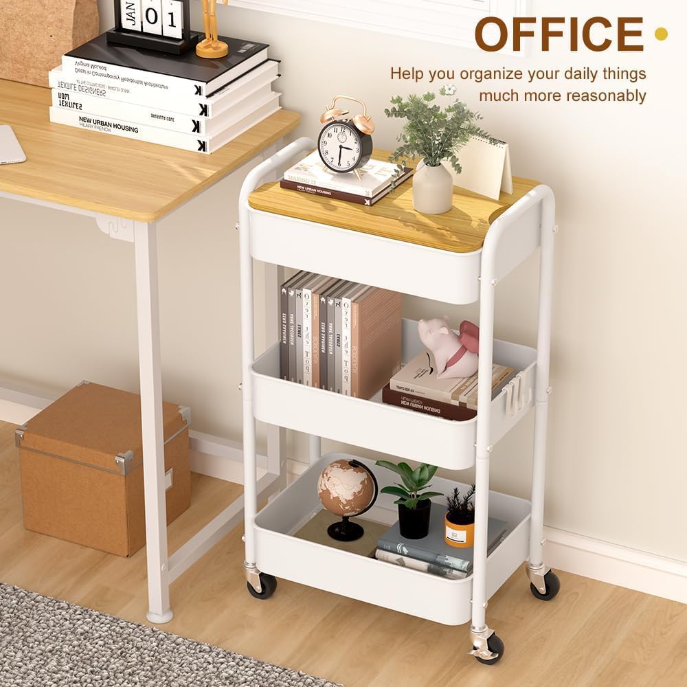 3 Tier Metal Utility Cart, Rolling Storage Cart with Wooden Tabletop, Metal Organizer Cart with