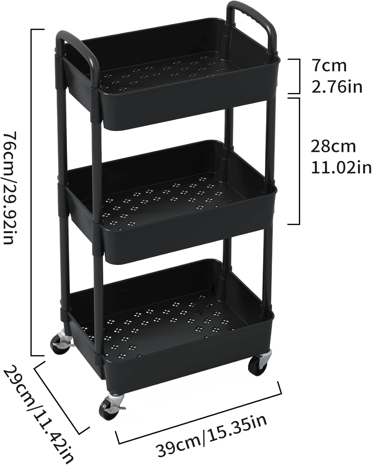 Sywhitta 3-Tier Plastic Rolling Utility Cart with Handle, Multi-Functional Storage Trolley for