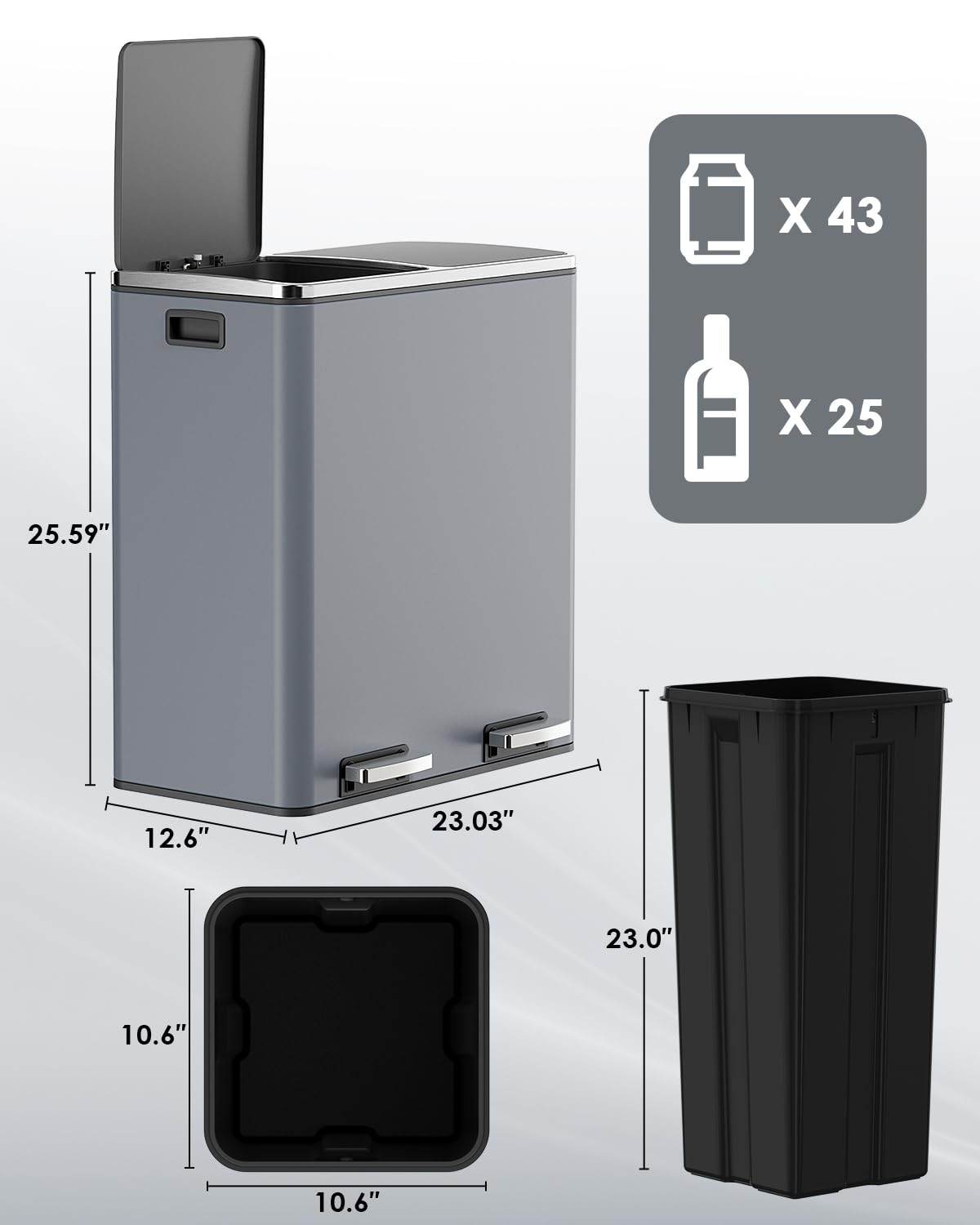 AthLike 60L(16 Gal ) Dual Trash Can, Stainless Steel Kitchen Garbage Can, Double Compartment