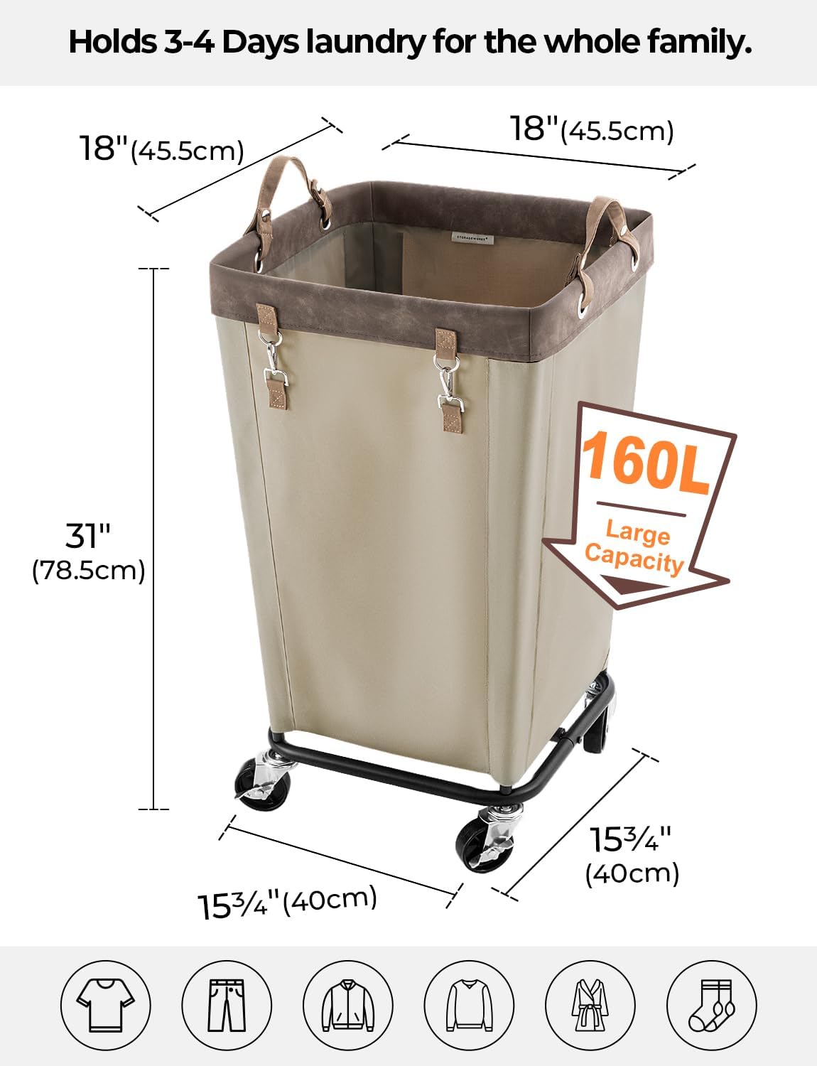 StorageWorks 160L Laundry Basket with Wheels, Large Rolling Hampers for Clothing Organizer, Dirty