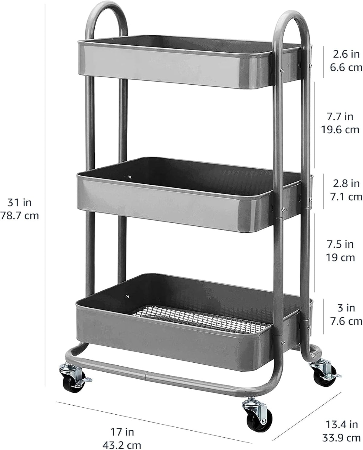 Amazon Basics 3-Tier Rolling Utility or Kitchen Cart, Lockable Wheels, Multifunctional Storage