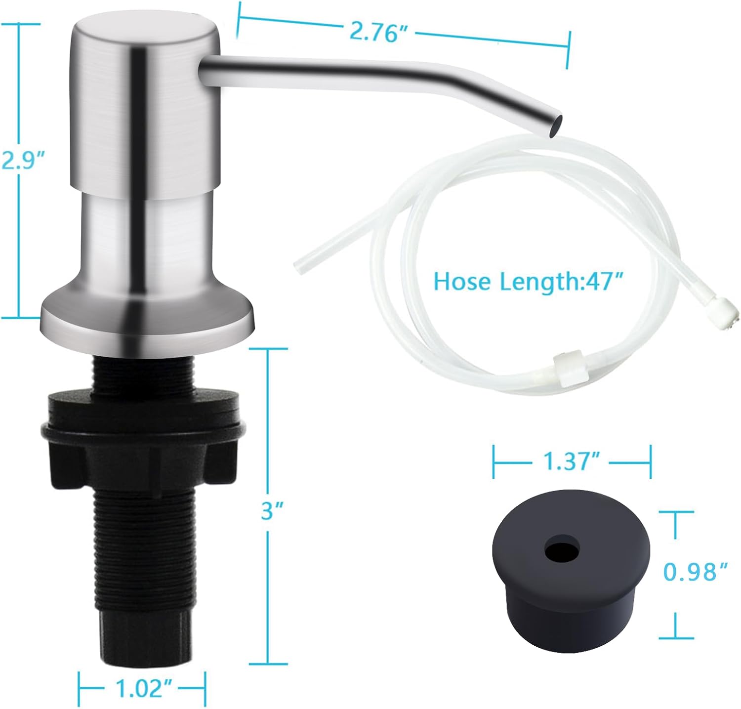 Kitchen Sink Soap Dispenser, Brushed Nickel Countertop Soap Dispenser Pump, 47" Silicone Extension