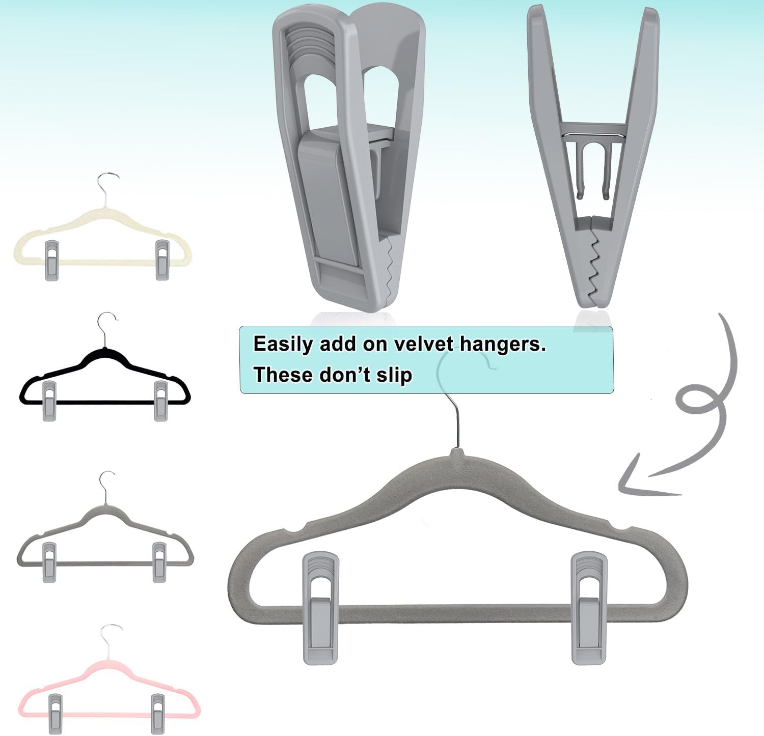 Hanger Clips for Velvet Hangers (Grey, 40 PCS), Non-Slip Plastic Clips Skirt Hanger Clips for Gray