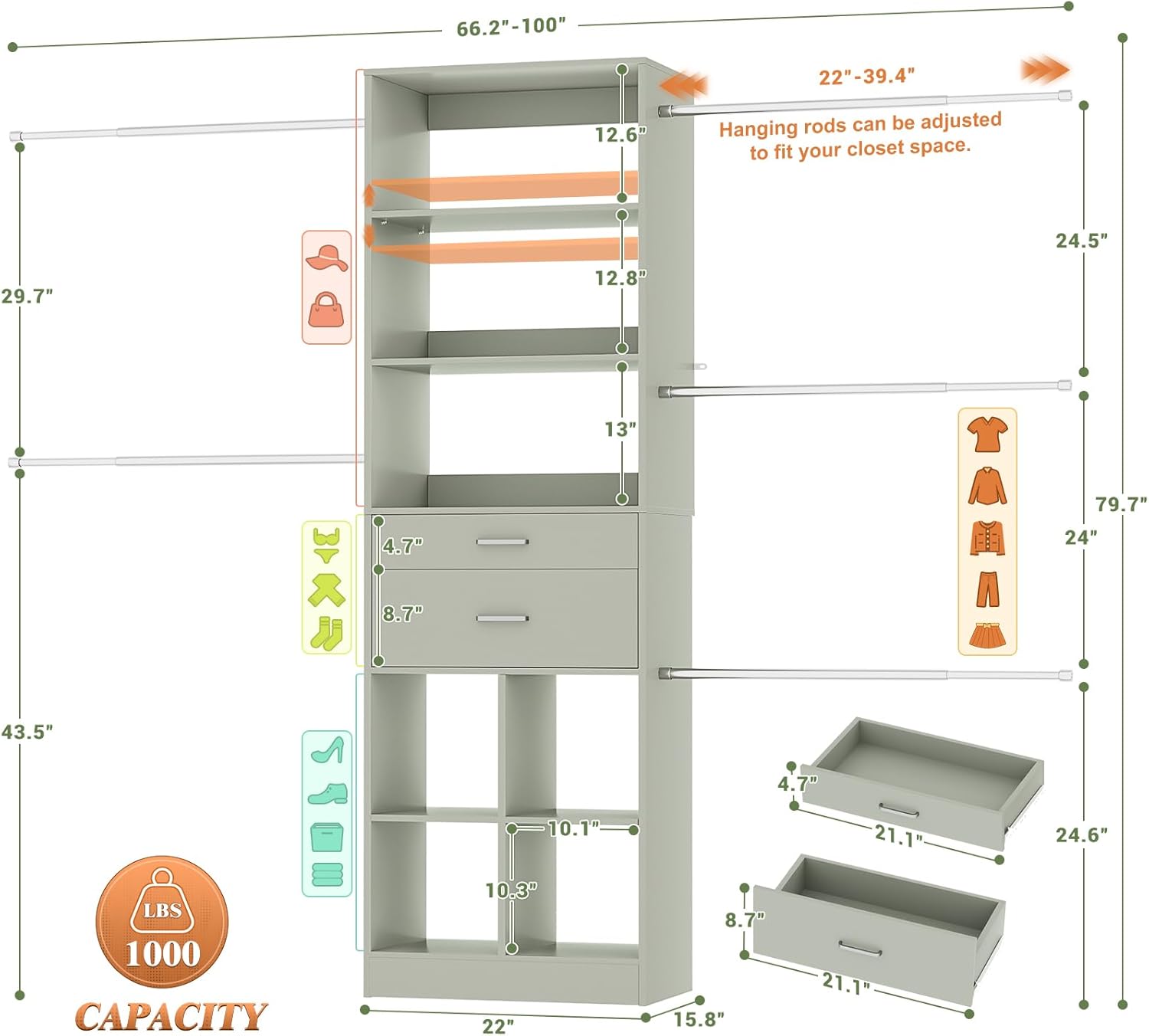 Closet System, 4-8 FT Closet Organizer Tower with 2 Wooden Drawers and Shelves, Can Fit 60 to 96