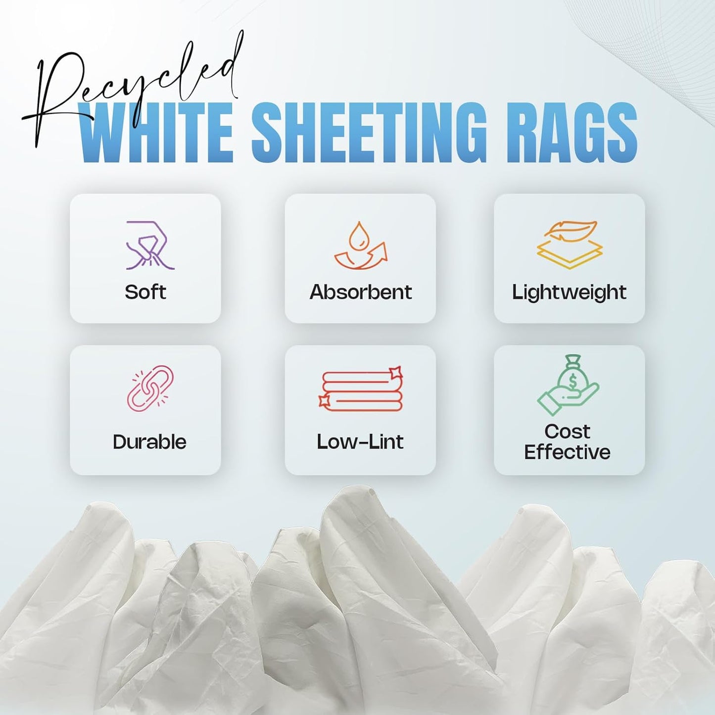 Recycled White Sheeting Cleaning Rags (10 lbs. Box) – Lint Free White Cotton Cloths for