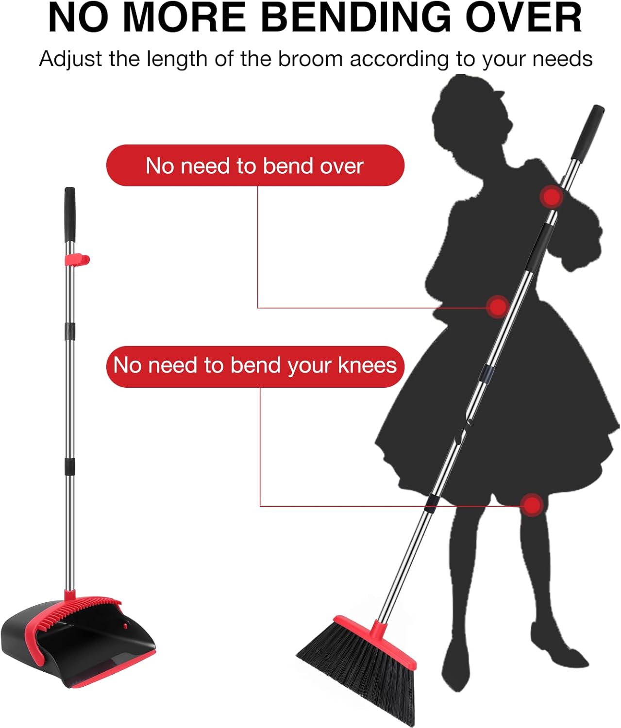 NACENA Broom and Dustpan Set, 52-in Long Adjustable Handle Broom Dustpan Combo with Dustpan Teeth