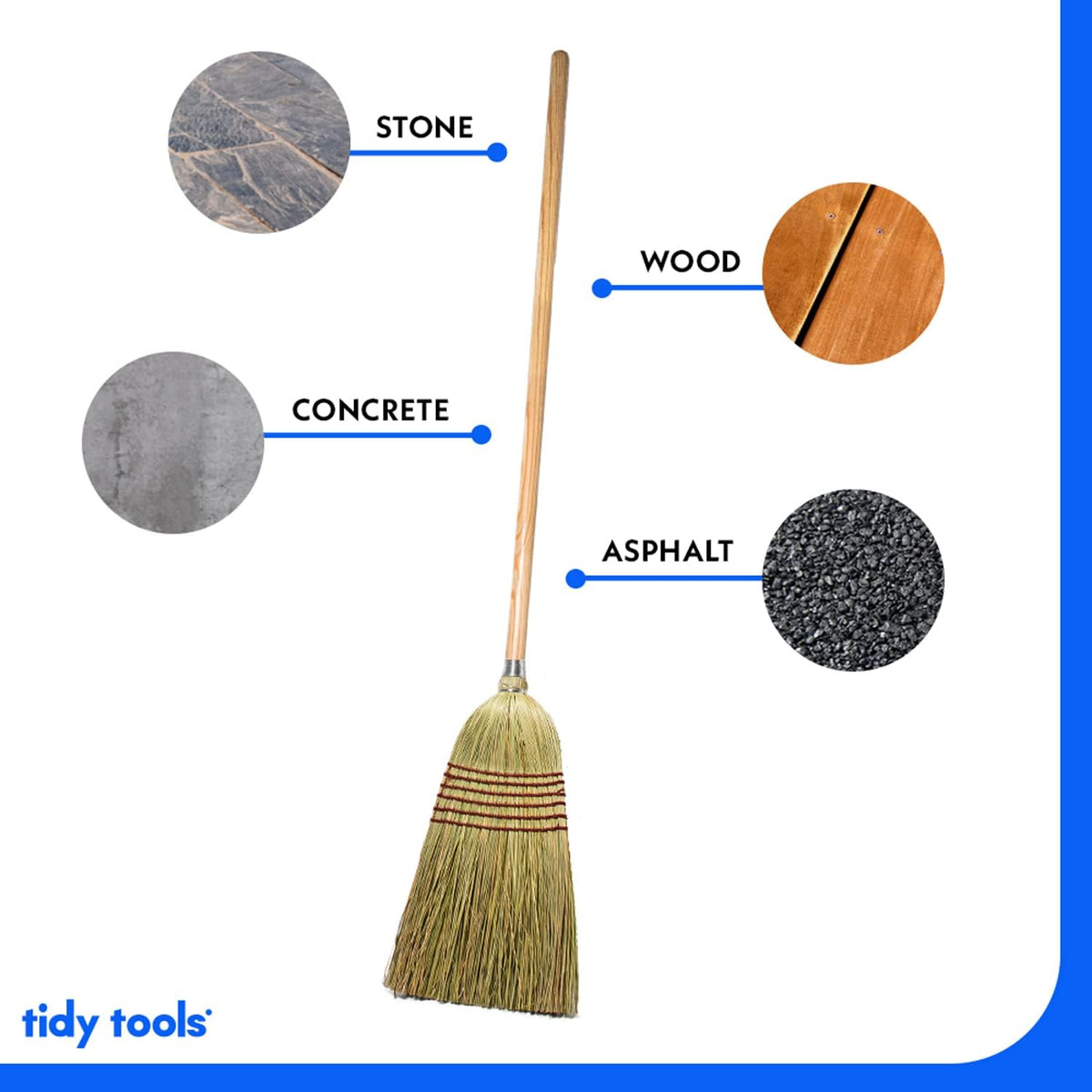 Corn Broom with Wood Handle Heavy Duty Indoor Outdoor Broom (1 1/4 Inch Handle)
