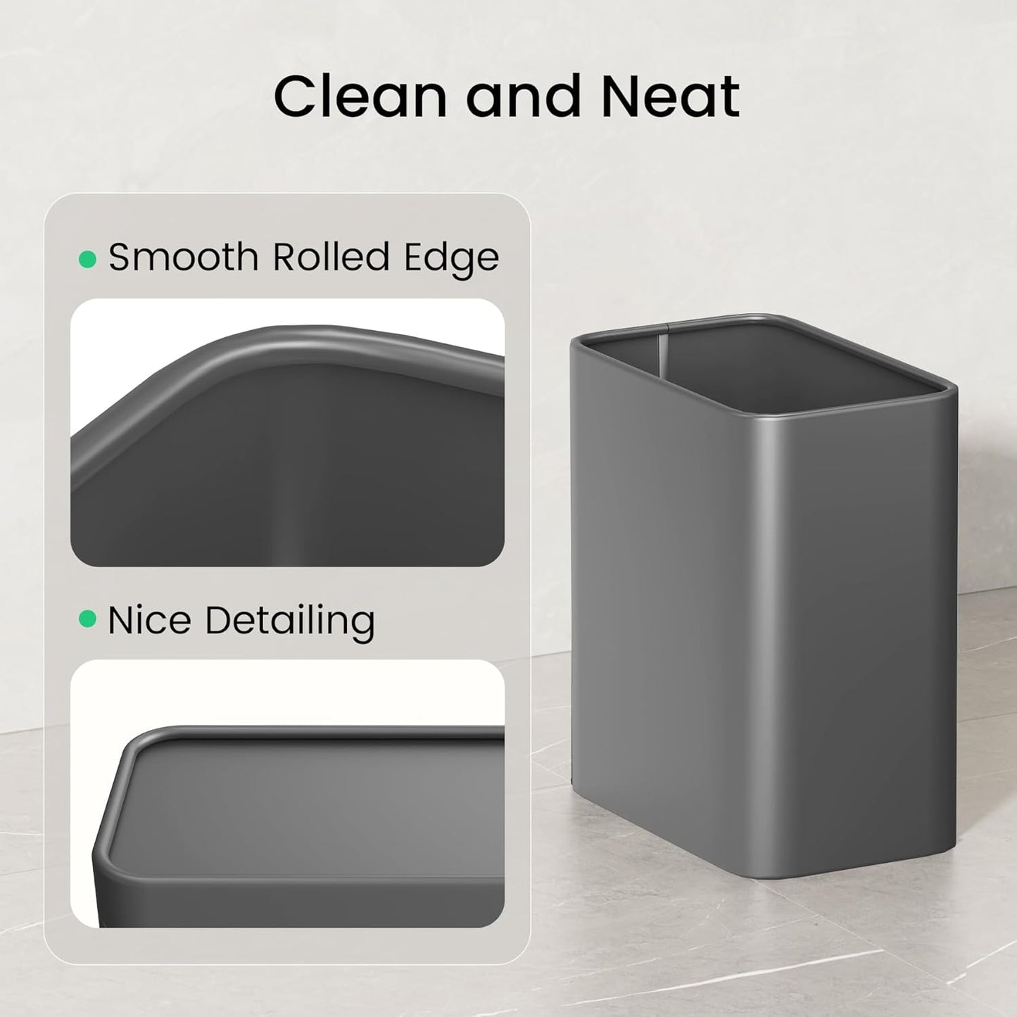 Cesun Small Bathroom Trash Can, 2.1 Gallons, Open-Top, Gray Metal, Stainless Steel, Modern, Ideal