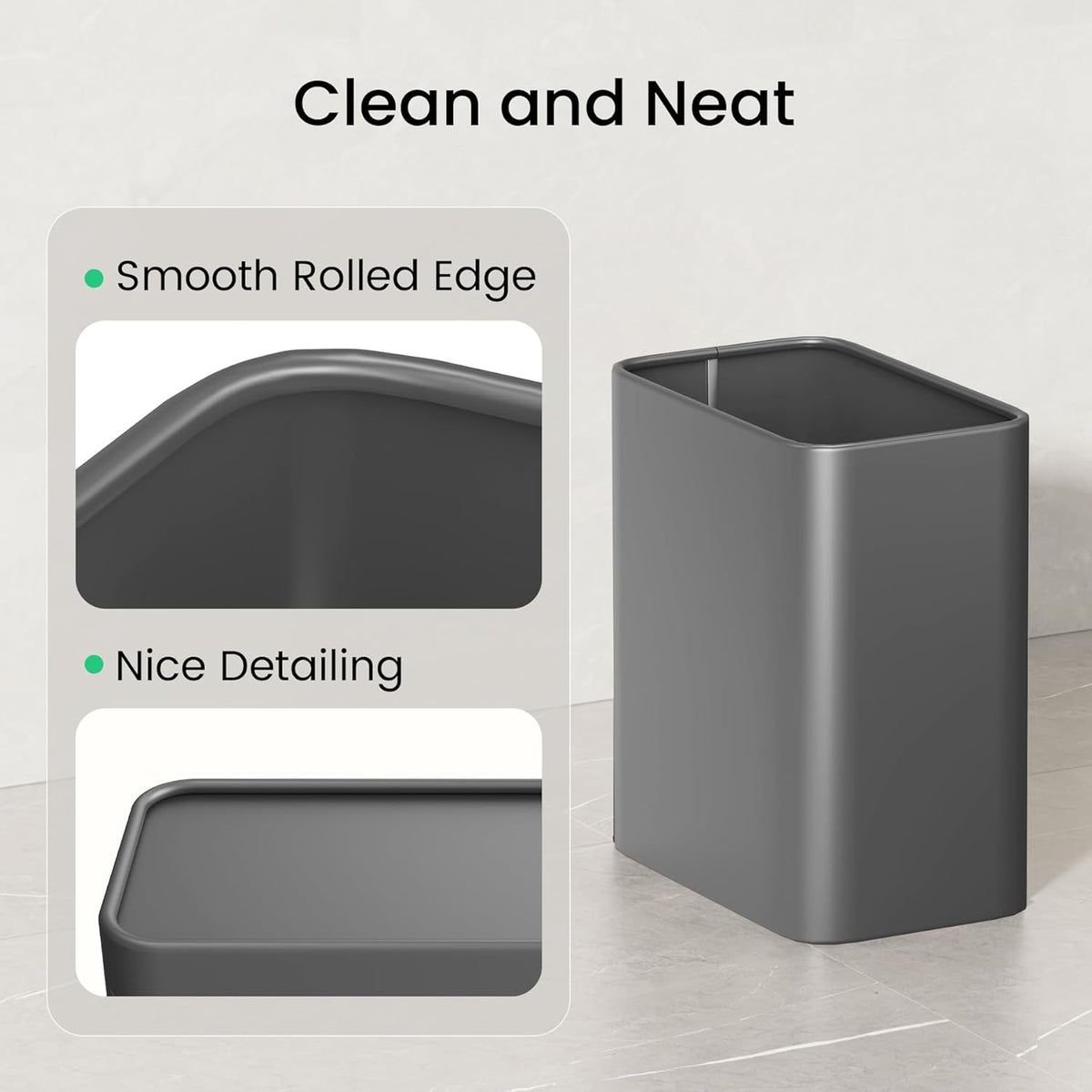 Cesun Small Bathroom Trash Can, 2.1 Gallons, Open-Top, Gray Metal, Stainless Steel, Modern, Ideal