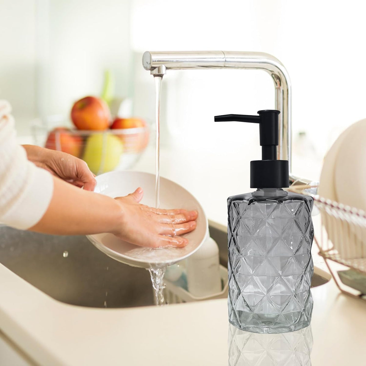 Crystal Glass Soap Dispenser, 12oz Gradient Grey Bathroom Hand Dispenser, Lotion Dispenser with
