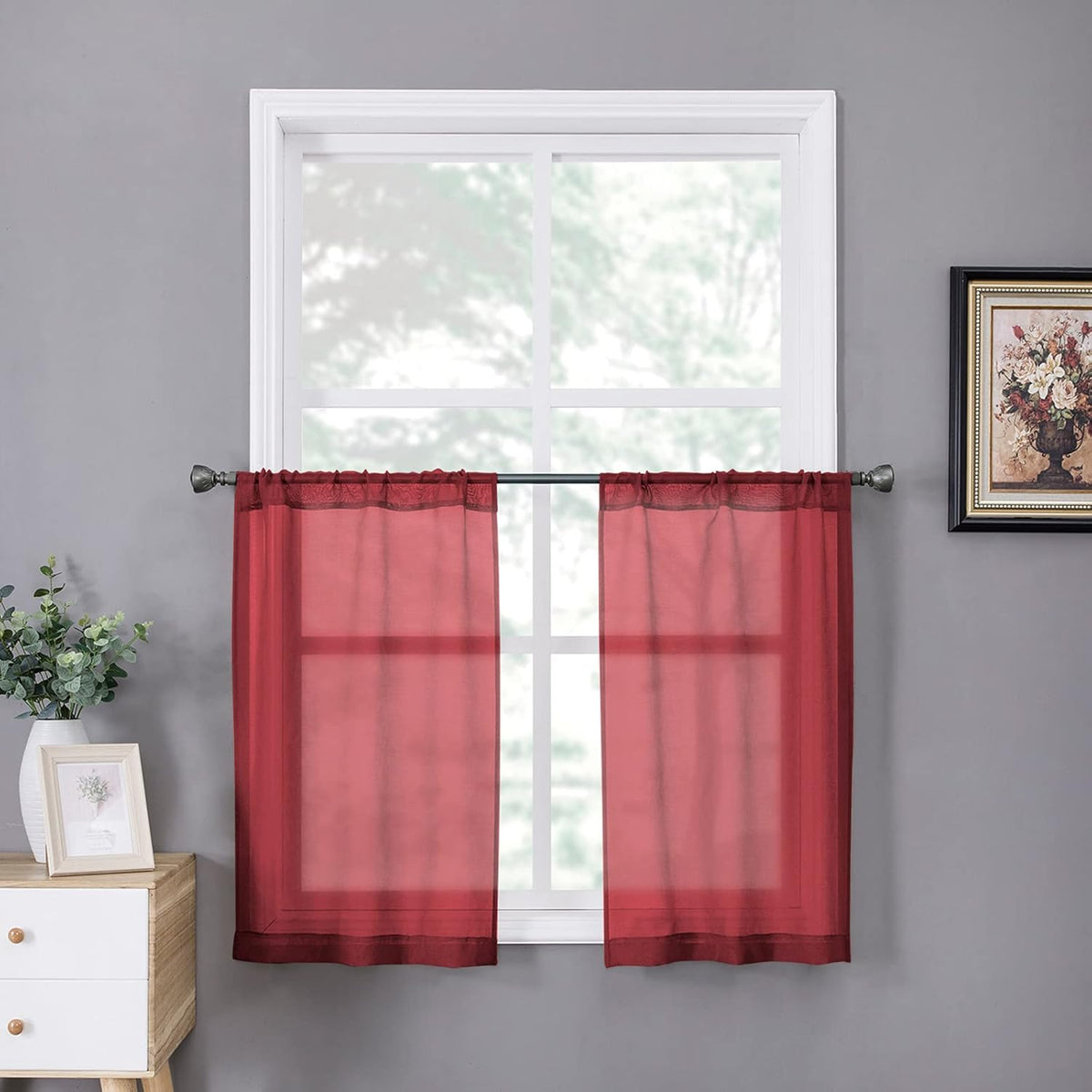 Tollpiz Short Sheer Tier Curtains Linen Textured Half Kitchen Curtain Sheers Light Filtering Rod