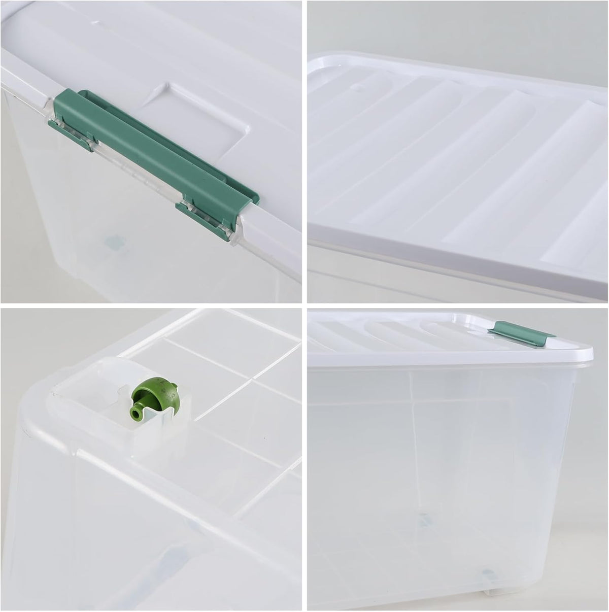 80 L Large Clear View Plastic Storage Bin with Lid and Secure Latching Buckles, 4-Pack Wheeled