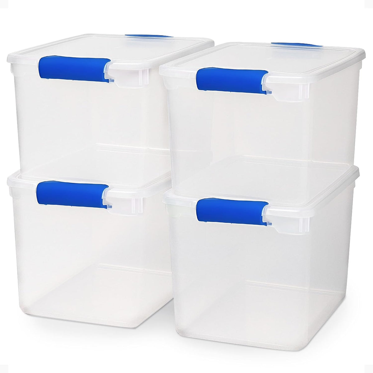 HOMZ 4-Pack Latching Lid, Large Clear Plastic Storage Bins with Lids, 31 Quart, Blue Latch
