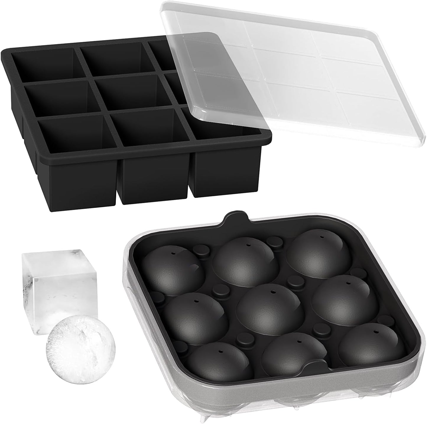Wanderworld Ice Tray Combo, Silicone Reusable 2 inch Big Ice Freezer Mold, 9 Cubes& 9 Sphere Ice