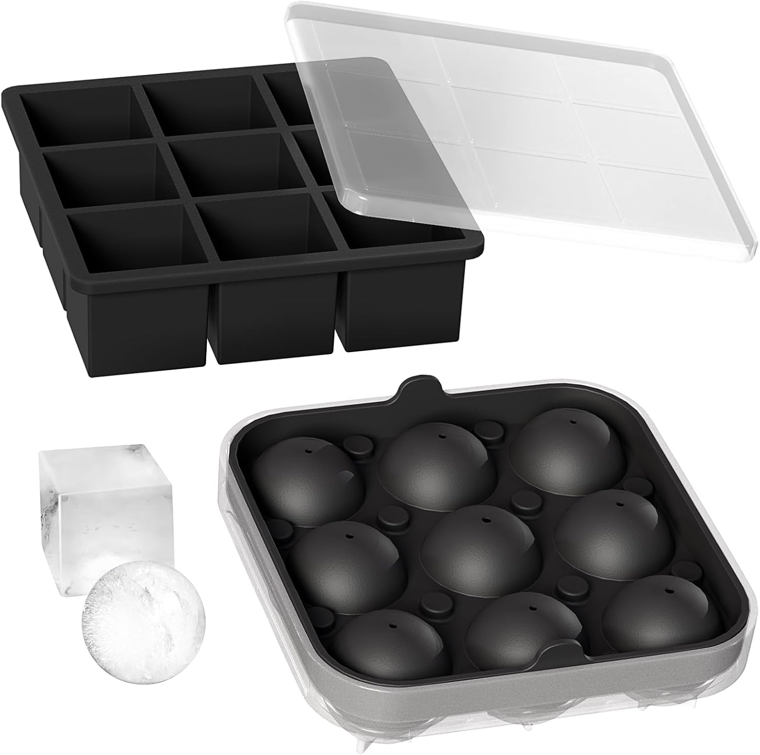 Wanderworld Ice Tray Combo, Silicone Reusable 2 inch Big Ice Freezer Mold, 9 Cubes& 9 Sphere Ice